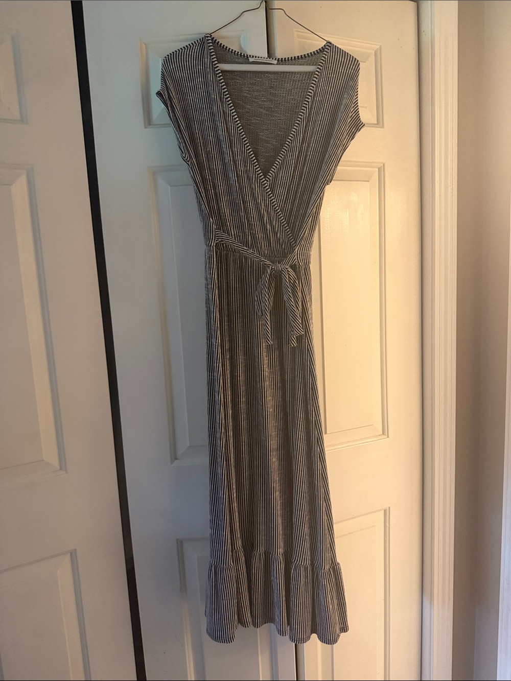 Caution To The Wind Black and White Striped Wrap Maxi Dress